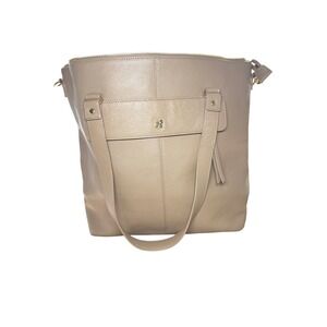 ORA DELPHINE Taupe Pebble Leather Tote Bag Shoulder Bag Gold Butterfly Logo